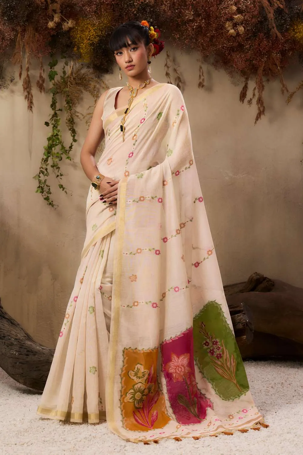 Off - White Premium Soft Muga Cotton Saree
